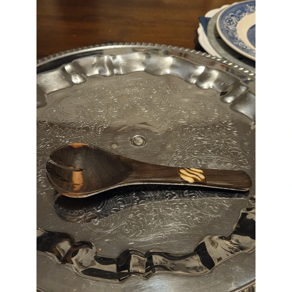 OLIVE WOOD SALAD Fork Black & Cream Bone Inlay